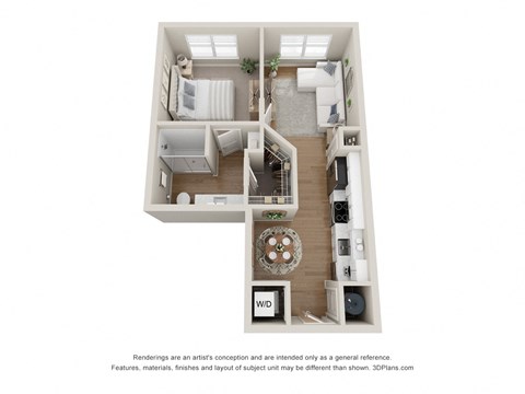 a stylized floor plan of a 1 bedroom apartment